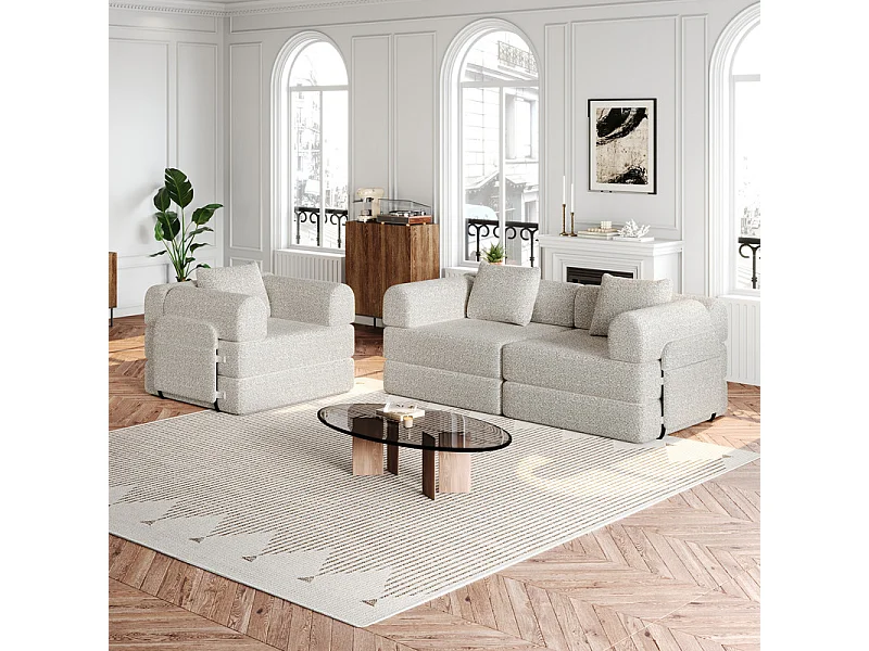 Canapé 3 places modulable en chenille - canapé-lit pliant - avec poches rangement et cadres extérieur - Kaki