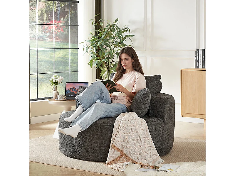 Fauteuil paresseux rond en chenille, rembourrage de mousse haute densité, avec 3 coussins, Gris, 127x127x85cm