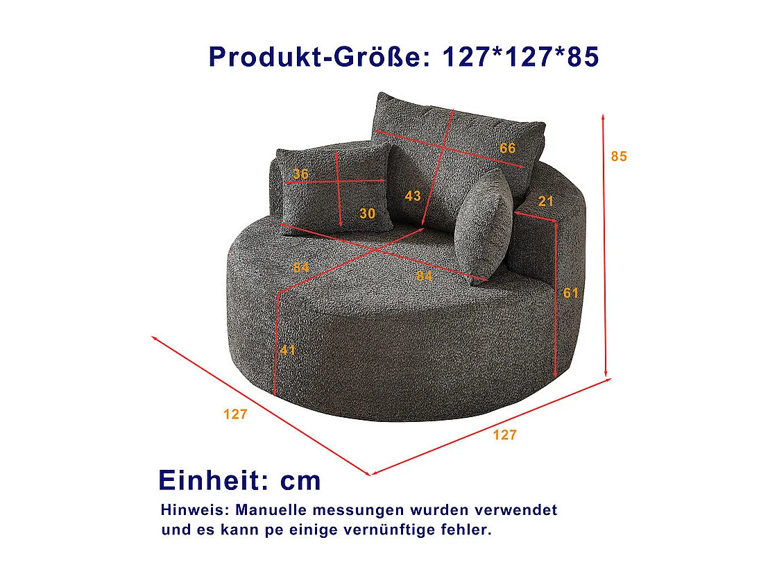Fauteuil paresseux rond en chenille, rembourrage de mousse haute densité, avec 3 coussins, Gris, 127x127x85cm
