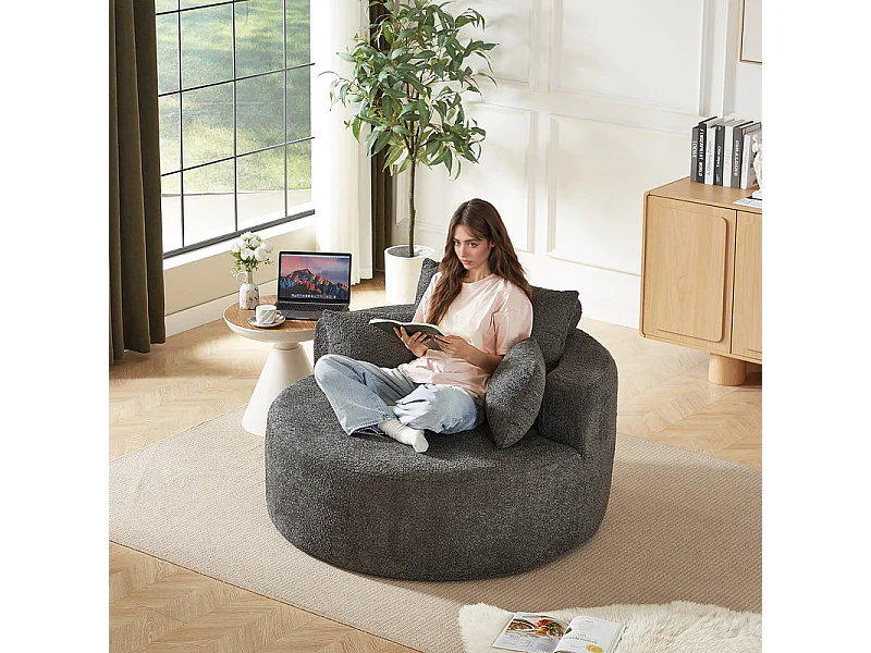 Fauteuil paresseux rond en chenille, rembourrage de mousse haute densité, avec 3 coussins, Gris, 127x127x85cm