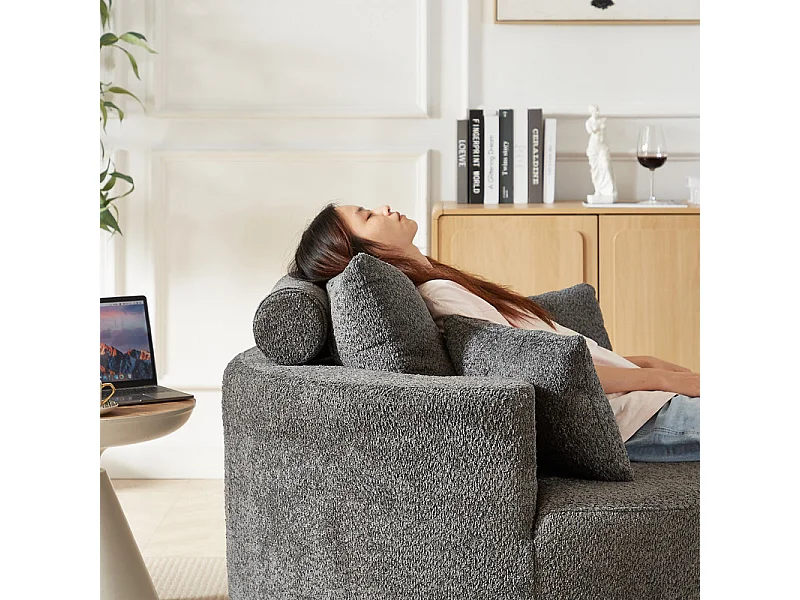 Fauteuil paresseux rond en chenille, rembourrage de mousse haute densité, avec 3 coussins, Gris, 127x127x85cm