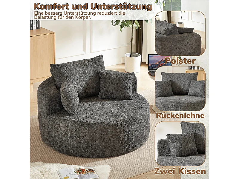 Fauteuil paresseux rond en chenille, rembourrage de mousse haute densité, avec 3 coussins, Gris, 127x127x85cm