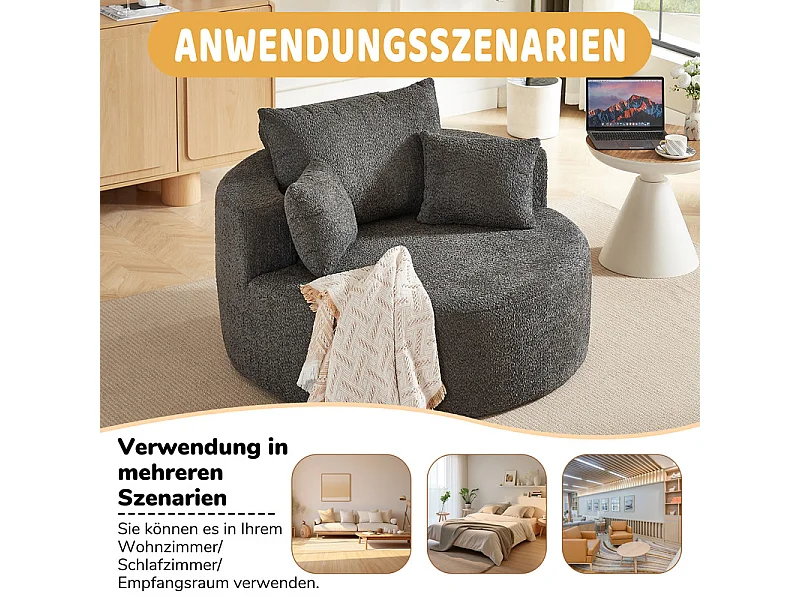 Fauteuil paresseux rond en chenille, rembourrage de mousse haute densité, avec 3 coussins, Gris, 127x127x85cm