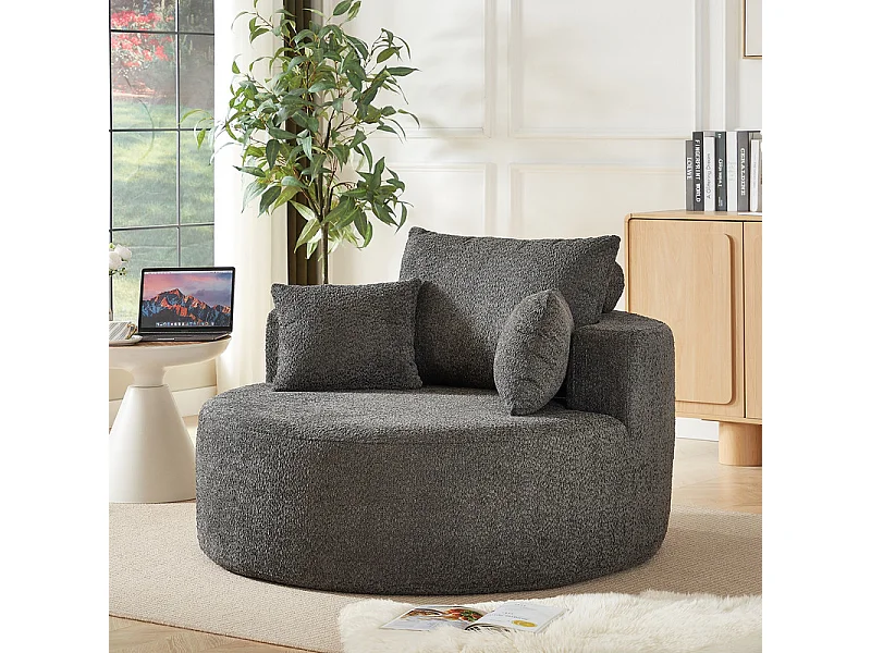 Ronde Chenille Zakstoel, HoogDichtheid Schuim, met 3 Kussens, Grijs, 127x127x85cm