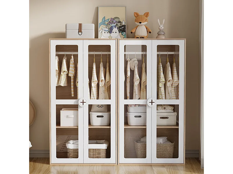 Armario - 4 Puertas Cristal - con Barra Colgar - Estantes Ajustables 10 Niveles 160x50x150cm