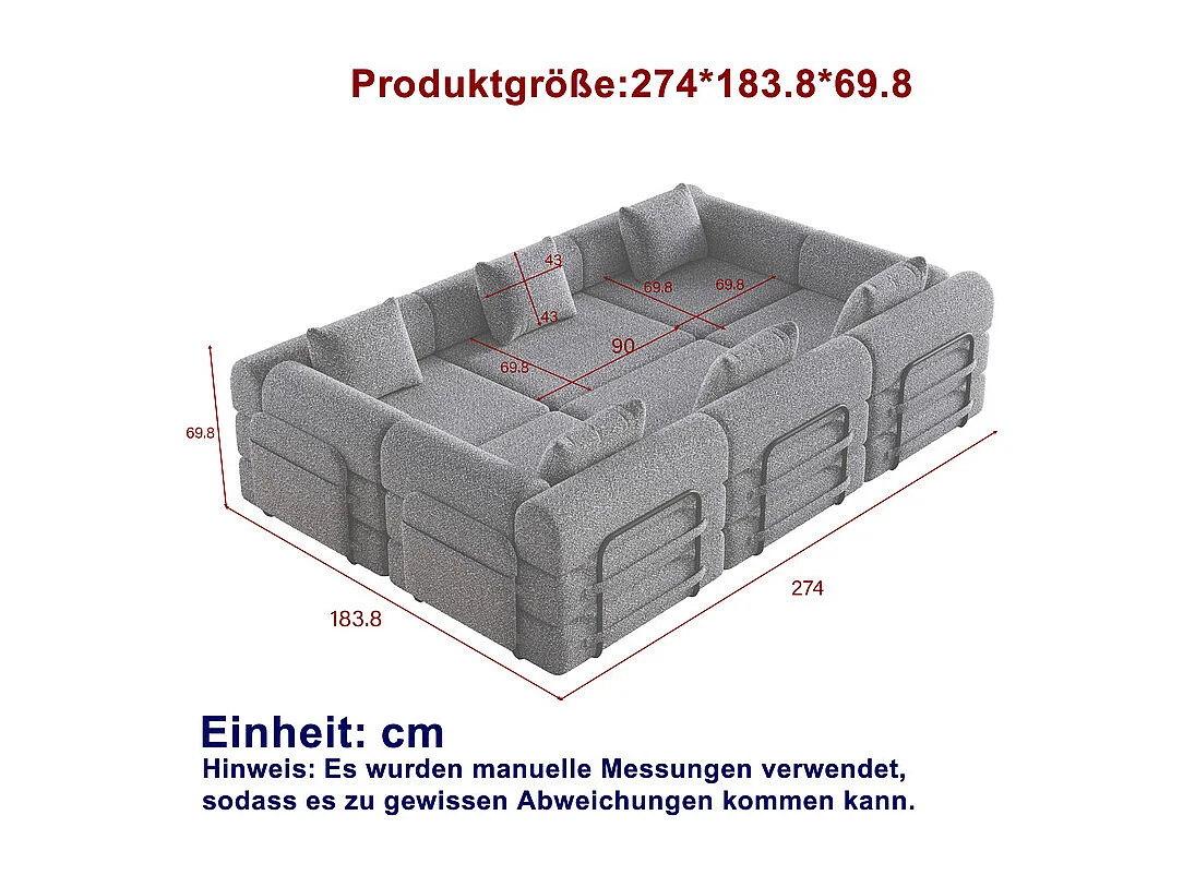 Canapé modulable en chenille - canapé-lit pliant - avec 6 Oreillers, poches rangement et cadres extérieur - Gris