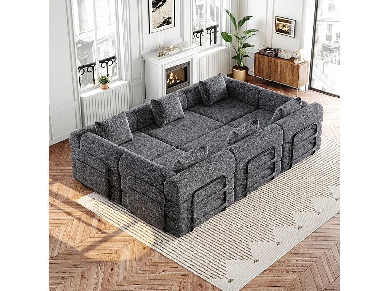 Canapé modulable en chenille - canapé-lit pliant - avec 6 Oreillers, poches rangement et cadres extérieur - Gris