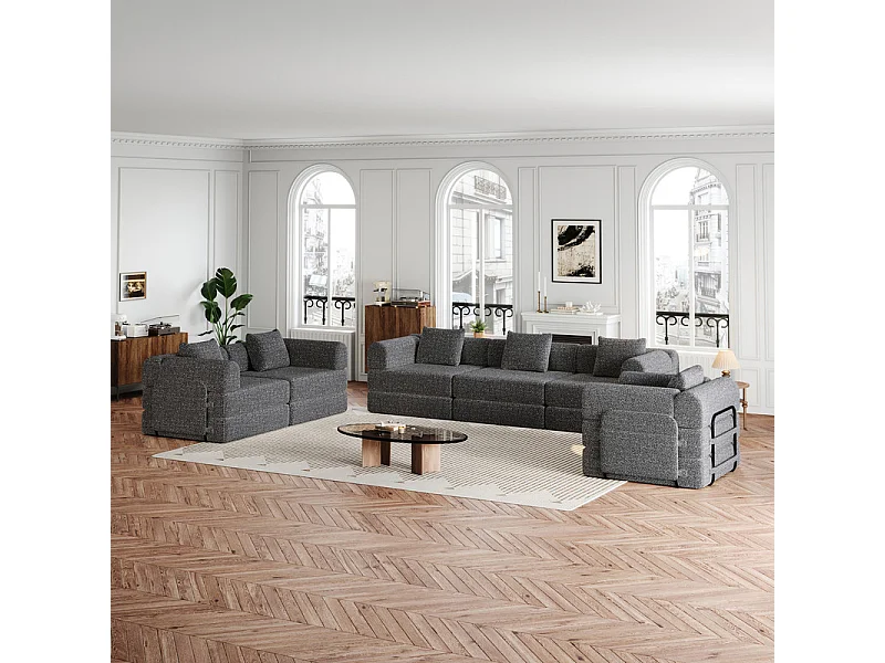 Canapé modulable en chenille - canapé-lit pliant - avec 6 Oreillers, poches rangement et cadres extérieur - Gris