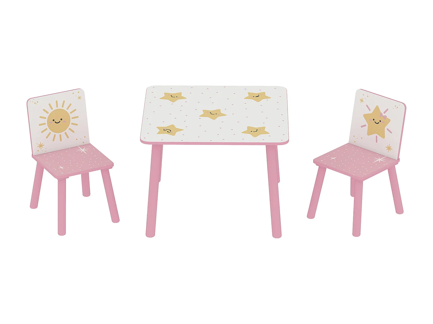 Ensemble table et chaises enfant design étoiles soleil bois pin MDF blanc rose