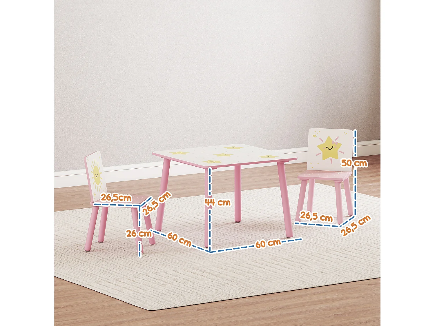 Ensemble table et chaises enfant design étoiles soleil bois pin MDF blanc rose