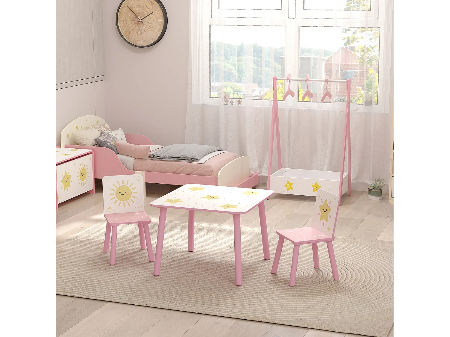 Ensemble table et chaises enfant design étoiles soleil bois pin MDF blanc rose
