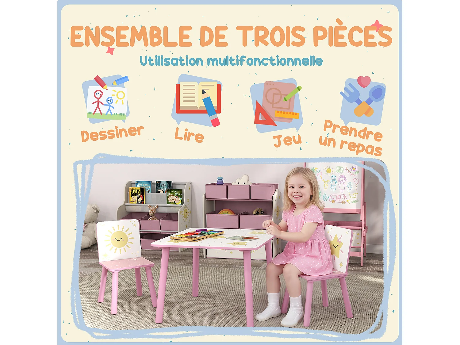 Ensemble table et chaises enfant design étoiles soleil bois pin MDF blanc rose
