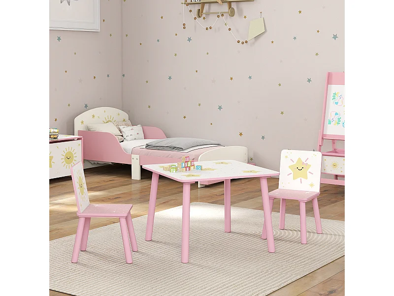 Ensemble table et chaises enfant design étoiles soleil bois pin MDF blanc rose