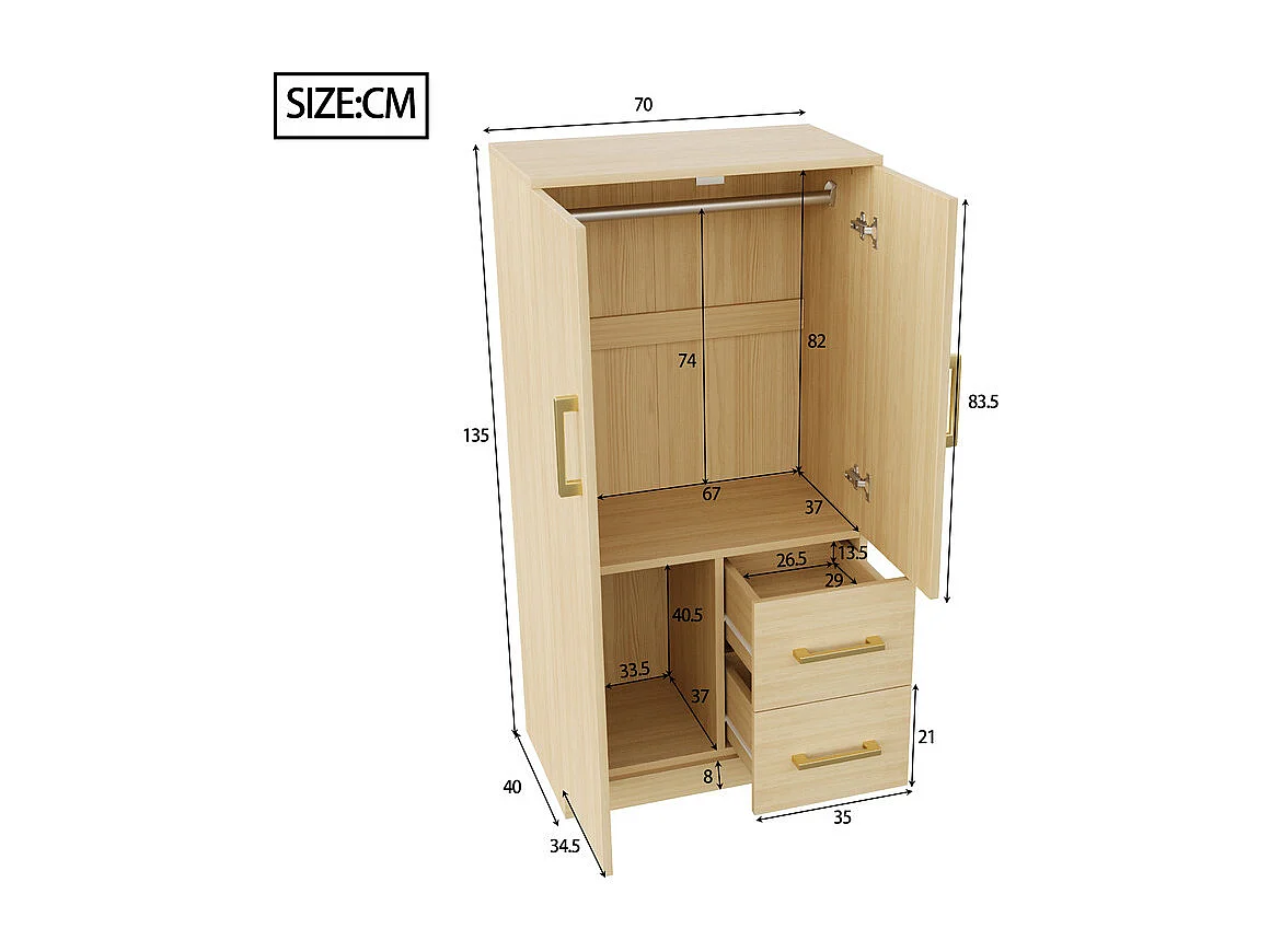 Armoire 2 portes et 2 tiroirs, avec compartiments de rangement, Naturel clair, 70x40x135cm