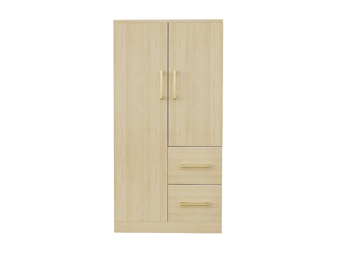 Armoire 2 portes et 2 tiroirs, avec compartiments de rangement, Naturel clair, 70x40x135cm