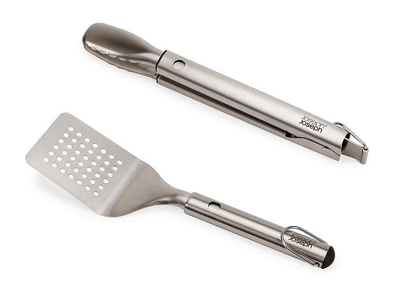 GrillOut™ Joseph Joseph, juego de 2 piezas para BBQ, espátula y pinzas con cabezales retráctiles, acero inoxidable, fácil de limpiar y almacenar.