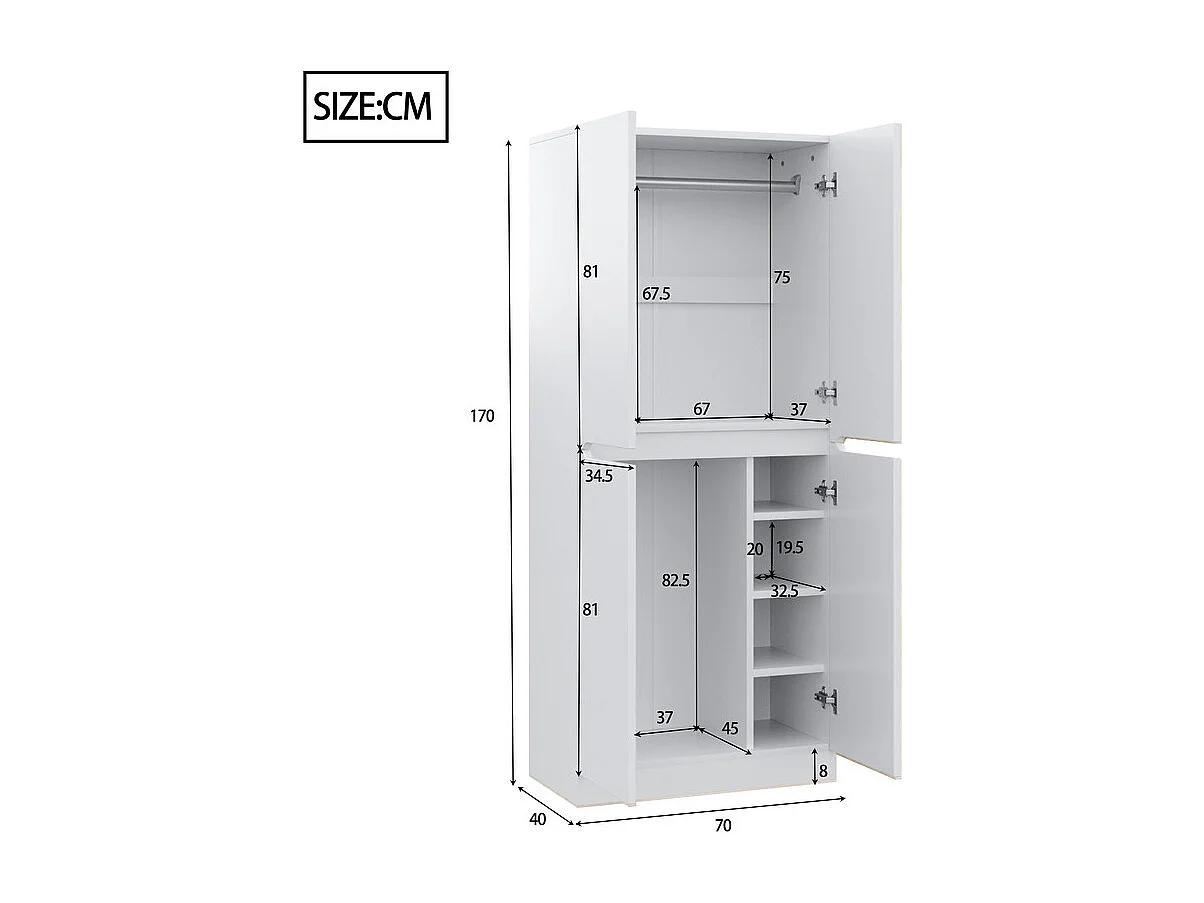 Armario 4 Puertas, Compartimentos Almacenamiento 4 Nichos, Blanco 70x40x170cm