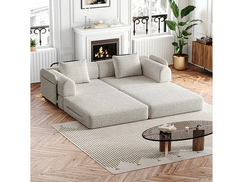 Sofa 2 Sitzer Modular aus Chenille - mit StauTaschen - Metallrahmen - Klappbares SofaBett - Khaki