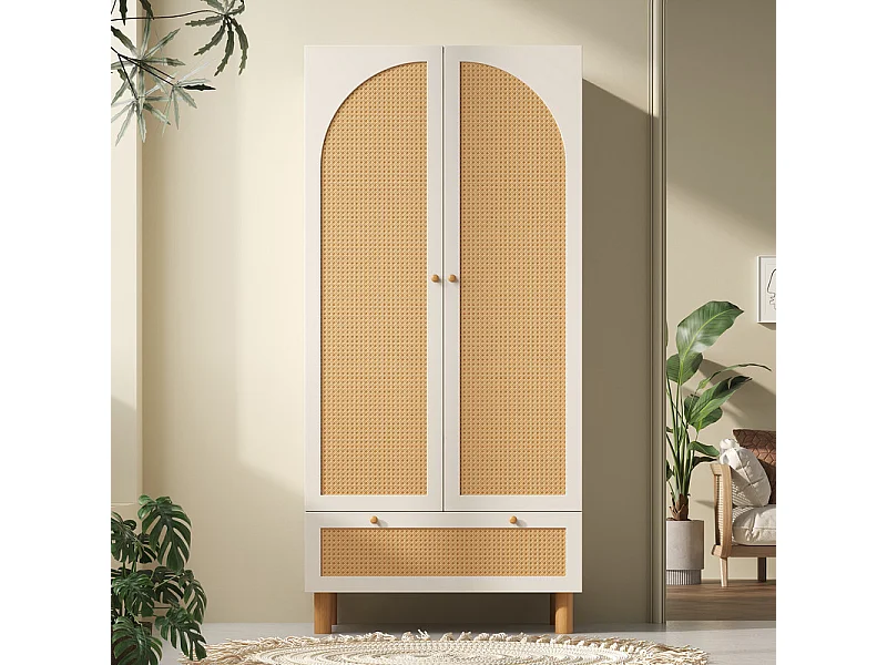 Kast 2 Deuren Ratan en 1 Lade - met Kledingstang - Verstelbare Planken - Kantelbeveiliging 85.5x52x180.5cm