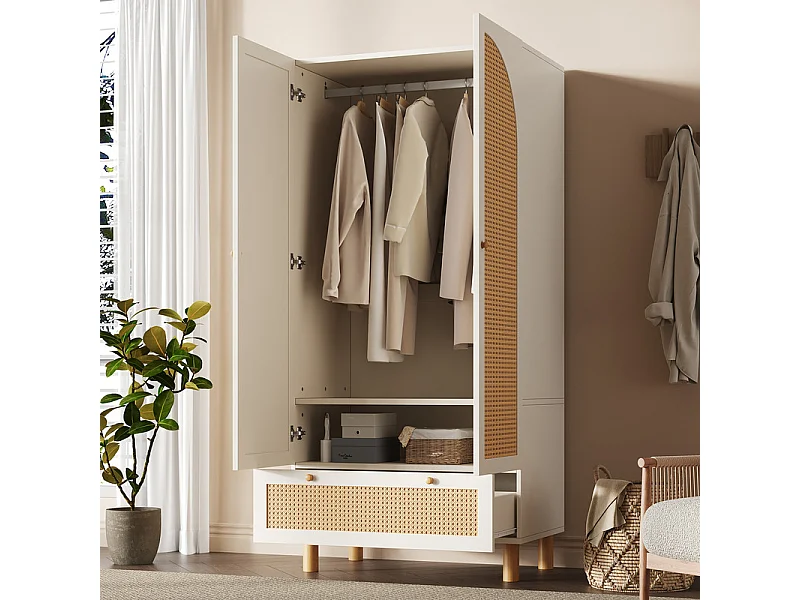 Kast 2 Deuren Ratan en 1 Lade - met Kledingstang - Verstelbare Planken - Kantelbeveiliging 85.5x52x180.5cm