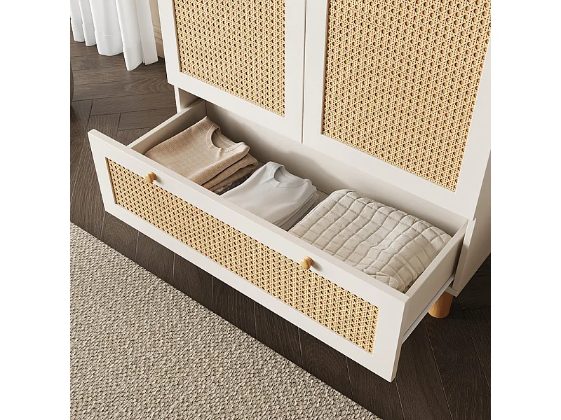 Kast 2 Deuren Ratan en 1 Lade - met Kledingstang - Verstelbare Planken - Kantelbeveiliging 85.5x52x180.5cm