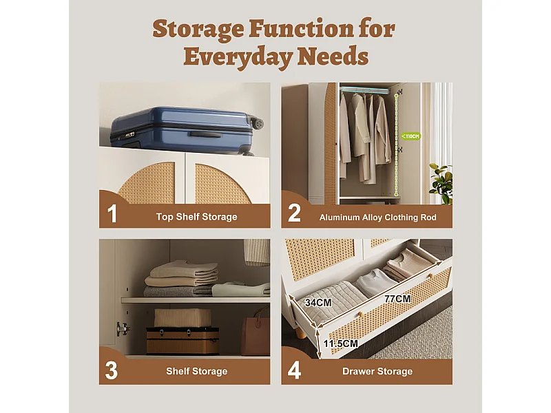 Kast 2 Deuren Ratan en 1 Lade - met Kledingstang - Verstelbare Planken - Kantelbeveiliging 85.5x52x180.5cm