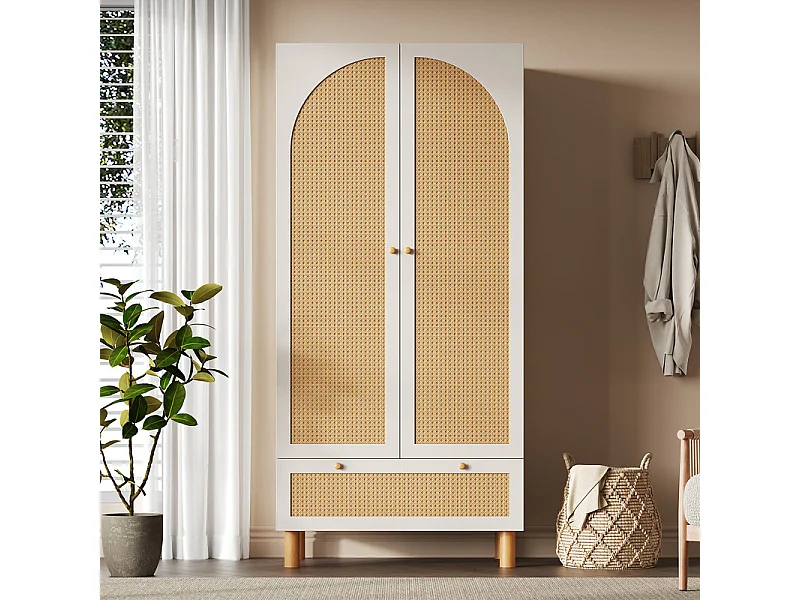 Kast 2 Deuren Ratan en 1 Lade - met Kledingstang - Verstelbare Planken - Kantelbeveiliging 85.5x52x180.5cm