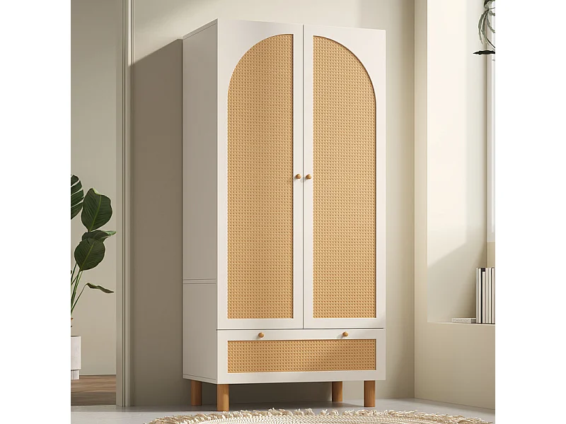 Kast 2 Deuren Ratan en 1 Lade - met Kledingstang - Verstelbare Planken - Kantelbeveiliging 85.5x52x180.5cm