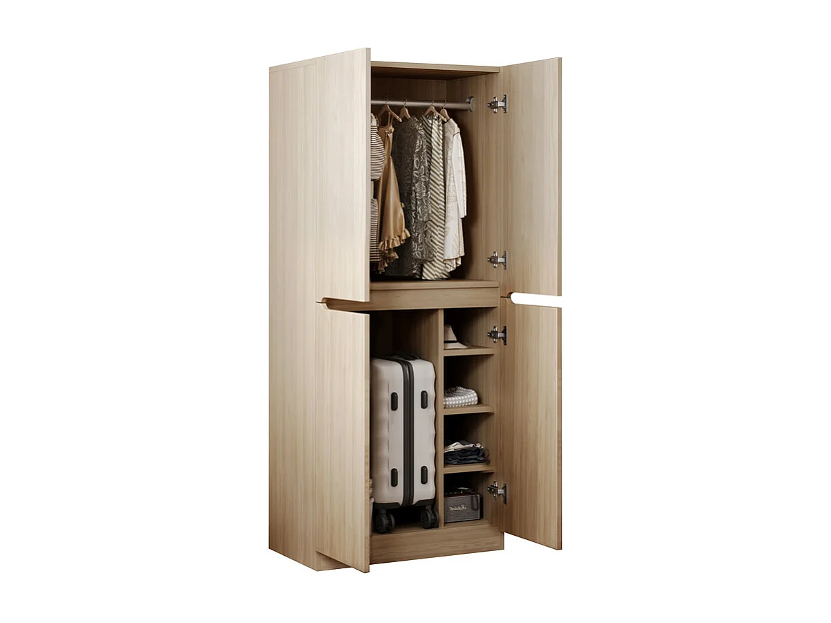 Armoire 4 portes, avec compartiments de rangement et 4 niches, Naturel clair, 70x40x170cm