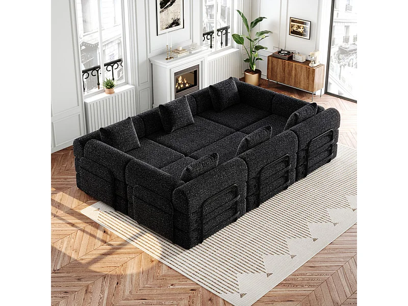 Canapé modulable en chenille - canapé-lit pliant - avec 6 Oreillers, poches rangement et cadres extérieur - Noir