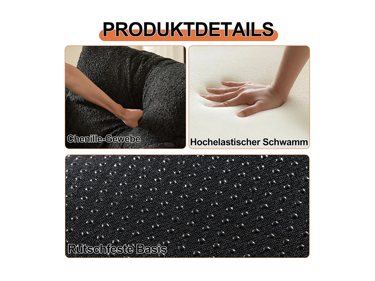 Canapé modulable en chenille - canapé-lit pliant - avec 6 Oreillers, poches rangement et cadres extérieur - Noir