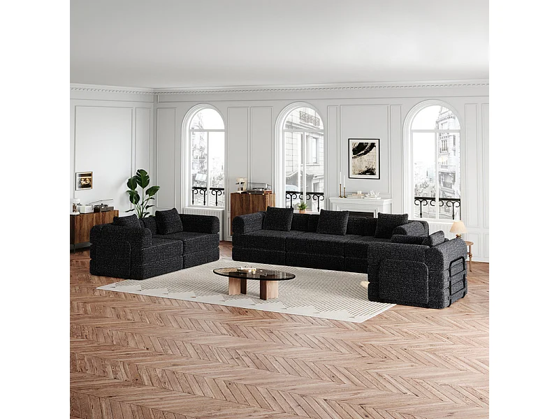Canapé modulable en chenille - canapé-lit pliant - avec 6 Oreillers, poches rangement et cadres extérieur - Noir