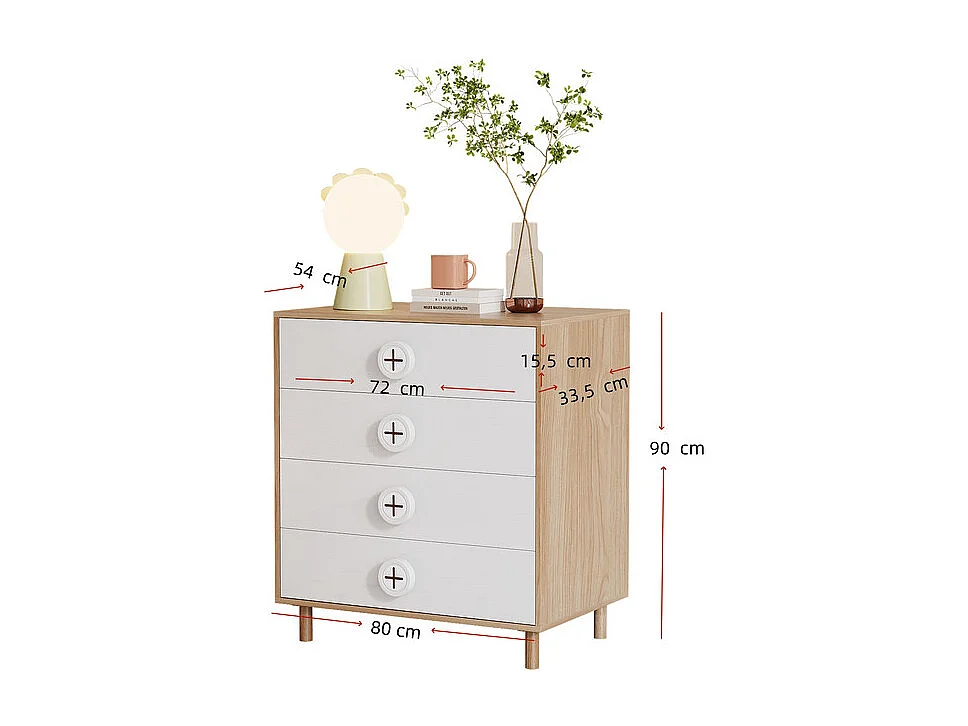 Armoire 2 portes en verre - avec commode 4 tiroirs - MDF - Blanc + Naturel - 80x50x150cm
