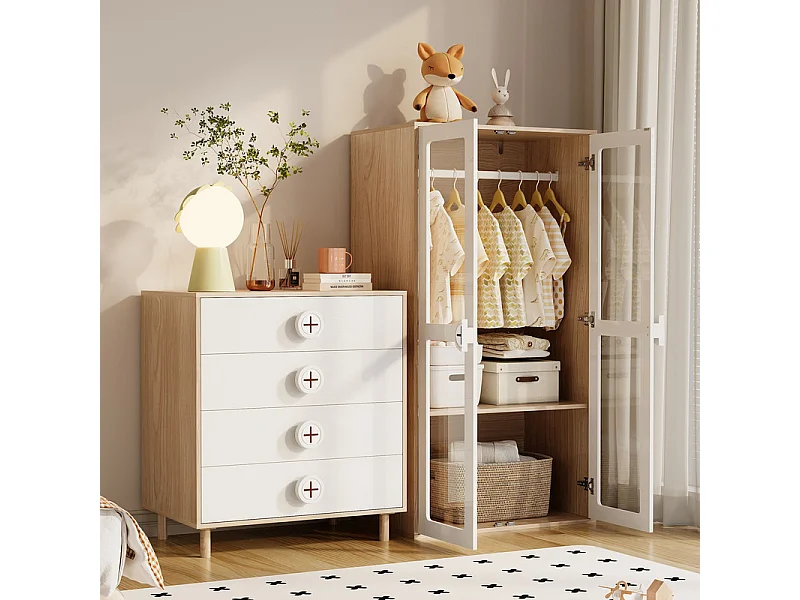 Armoire 2 portes en verre - avec commode 4 tiroirs - MDF - Blanc + Naturel - 80x50x150cm