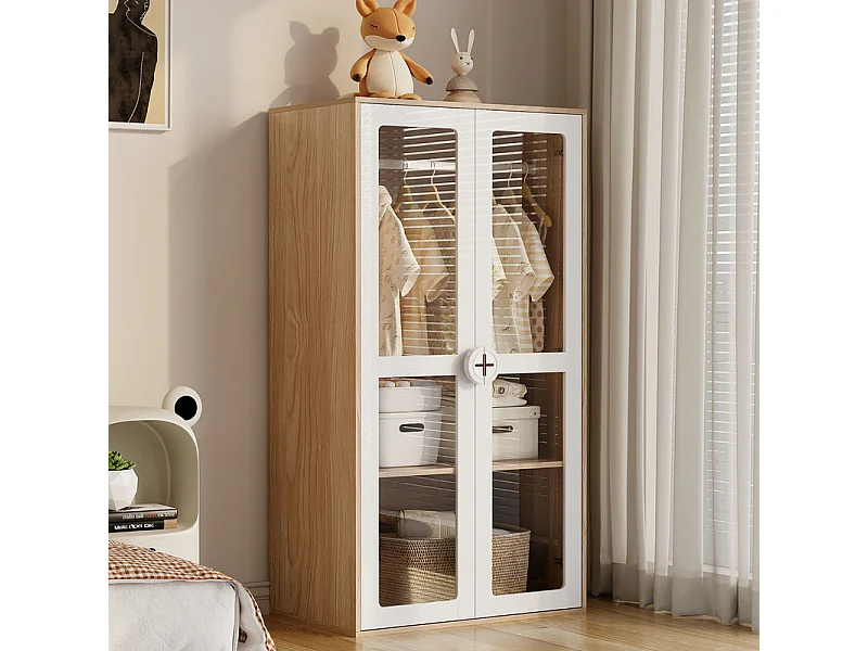 Armoire 2 portes en verre - avec commode 4 tiroirs - MDF - Blanc + Naturel - 80x50x150cm