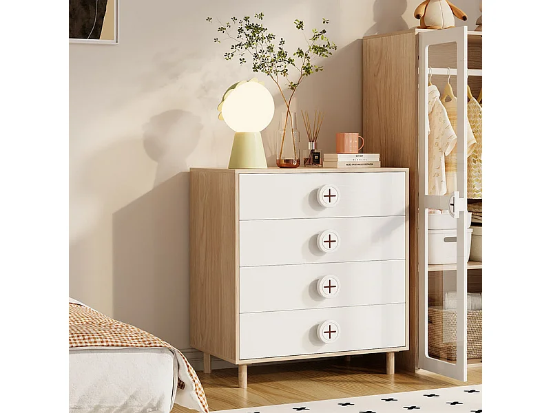 Armoire 2 portes en verre - avec commode 4 tiroirs - MDF - Blanc + Naturel - 80x50x150cm