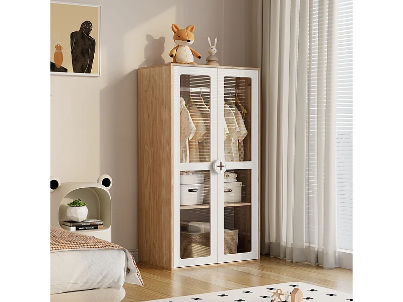 Armoire 2 portes en verre - avec commode 4 tiroirs - MDF - Blanc + Naturel - 80x50x150cm