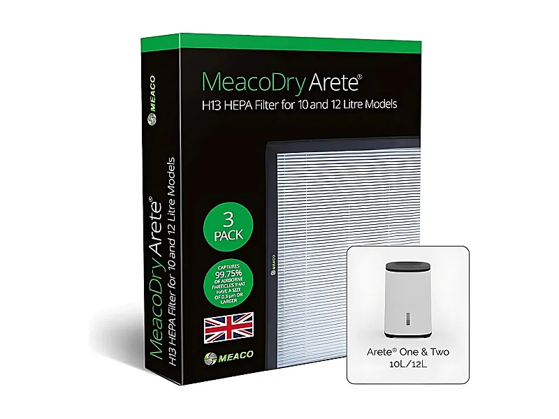 Filtre HEPA MeacoDry Arete H13 pour déshumidificateurs de 10 L et 12 L, lot de 3, élimine poussières, allergènes et particules fines pour un air plus pur.