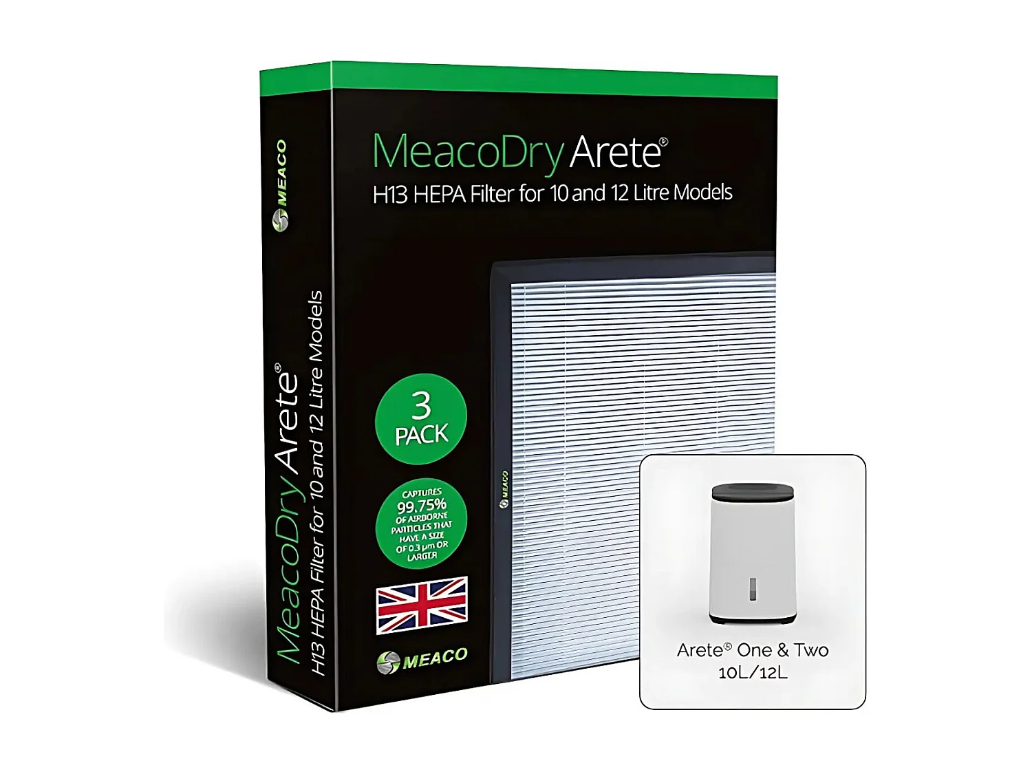 Filtre HEPA MeacoDry Arete H13 pour déshumidificateurs de 10 L et 12 L, lot de 3, élimine poussières, allergènes et particules fines pour un air plus pur.