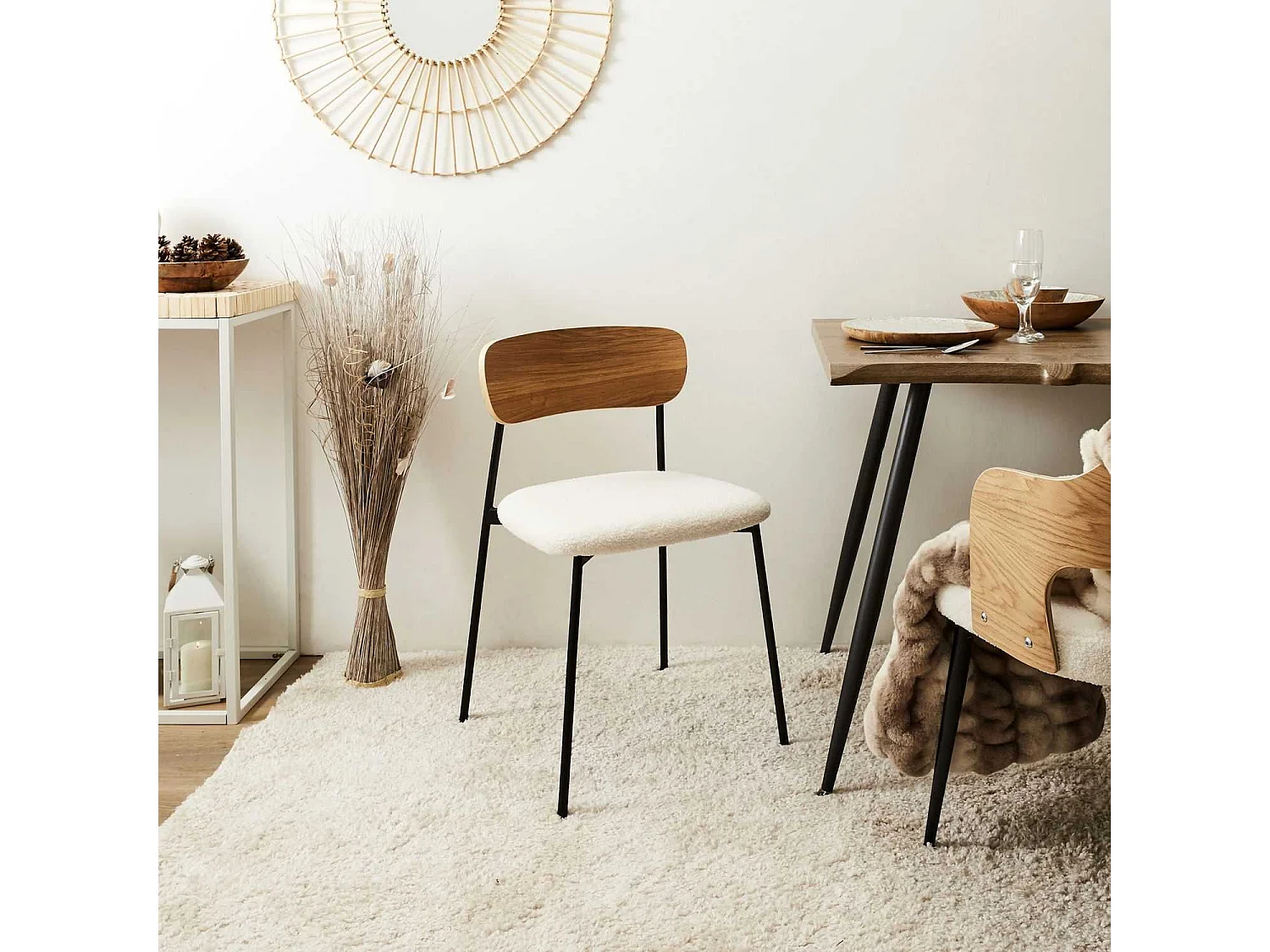 Lot de 4 Chaises effet bouclette Loki en contreplaqué et polyester - Beige et Blanc