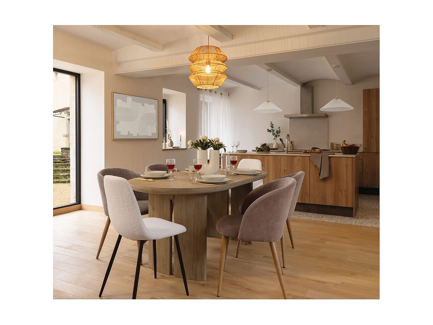 Lot de 4 chaises en velours côtelé et pieds effet hêtre CELESTE