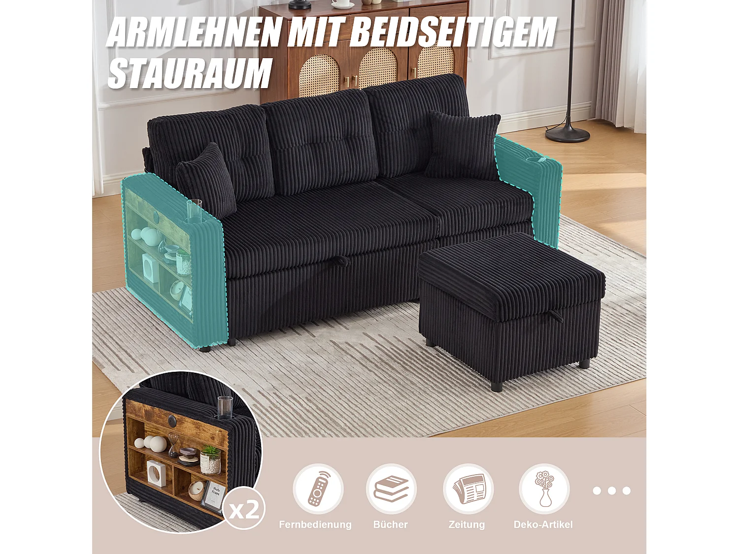 Allurex 2.0 - Canapé 3 Places Convertible - Canapé d’angle Modulable - Pouf Amovible et Rangements - USB et Type-C - Avec LED - Parfait Studio et Appartement