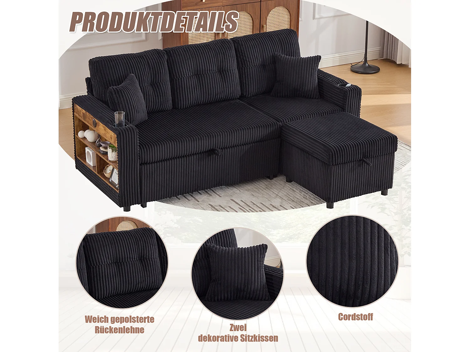 Allurex 2.0 - Canapé 3 Places Convertible - Canapé d’angle Modulable - Pouf Amovible et Rangements - USB et Type-C - Avec LED - Parfait Studio et Appartement