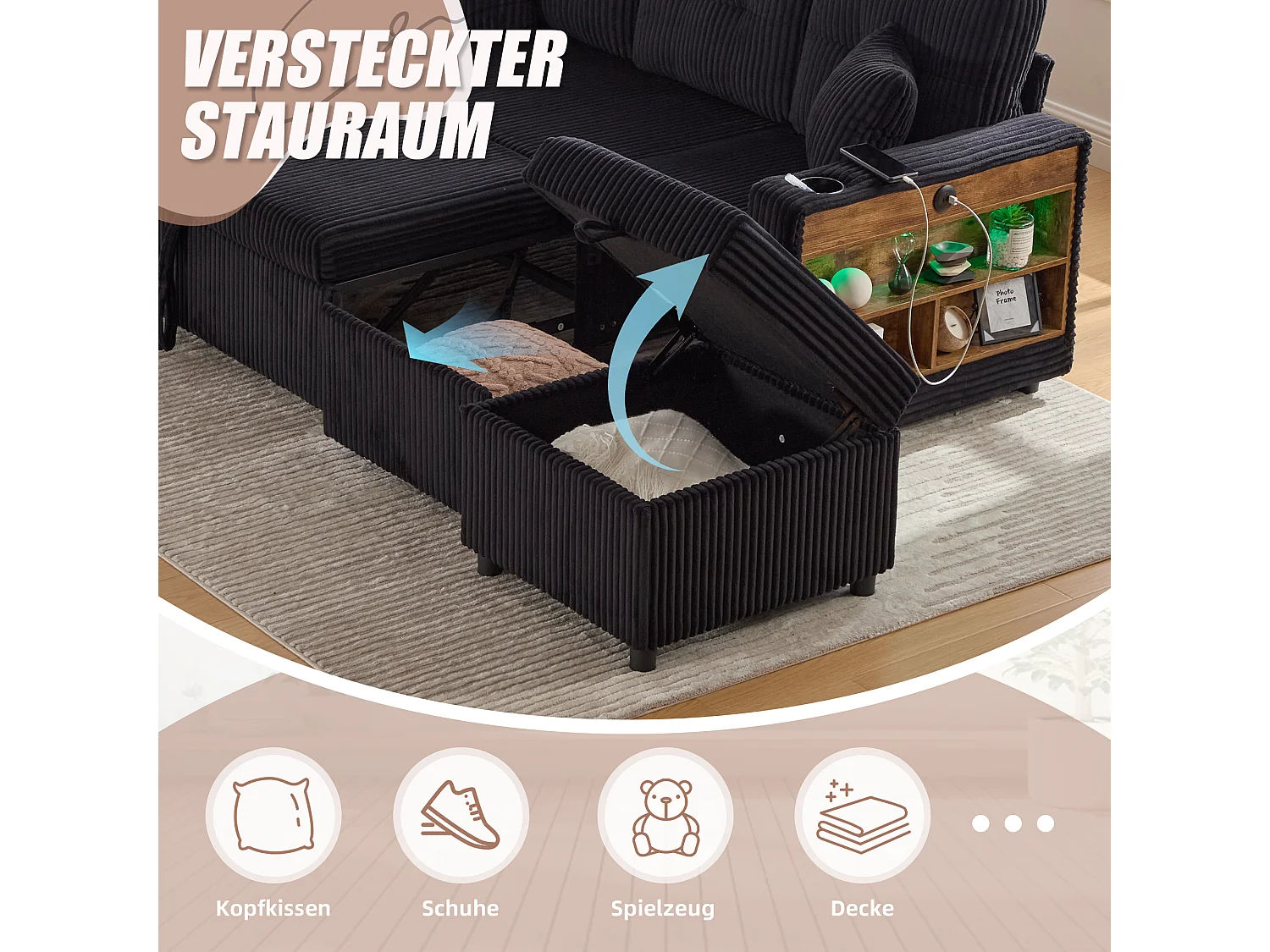 Allurex 2.0 - Canapé 3 Places Convertible - Canapé d’angle Modulable - Pouf Amovible et Rangements - USB et Type-C - Avec LED - Parfait Studio et Appartement