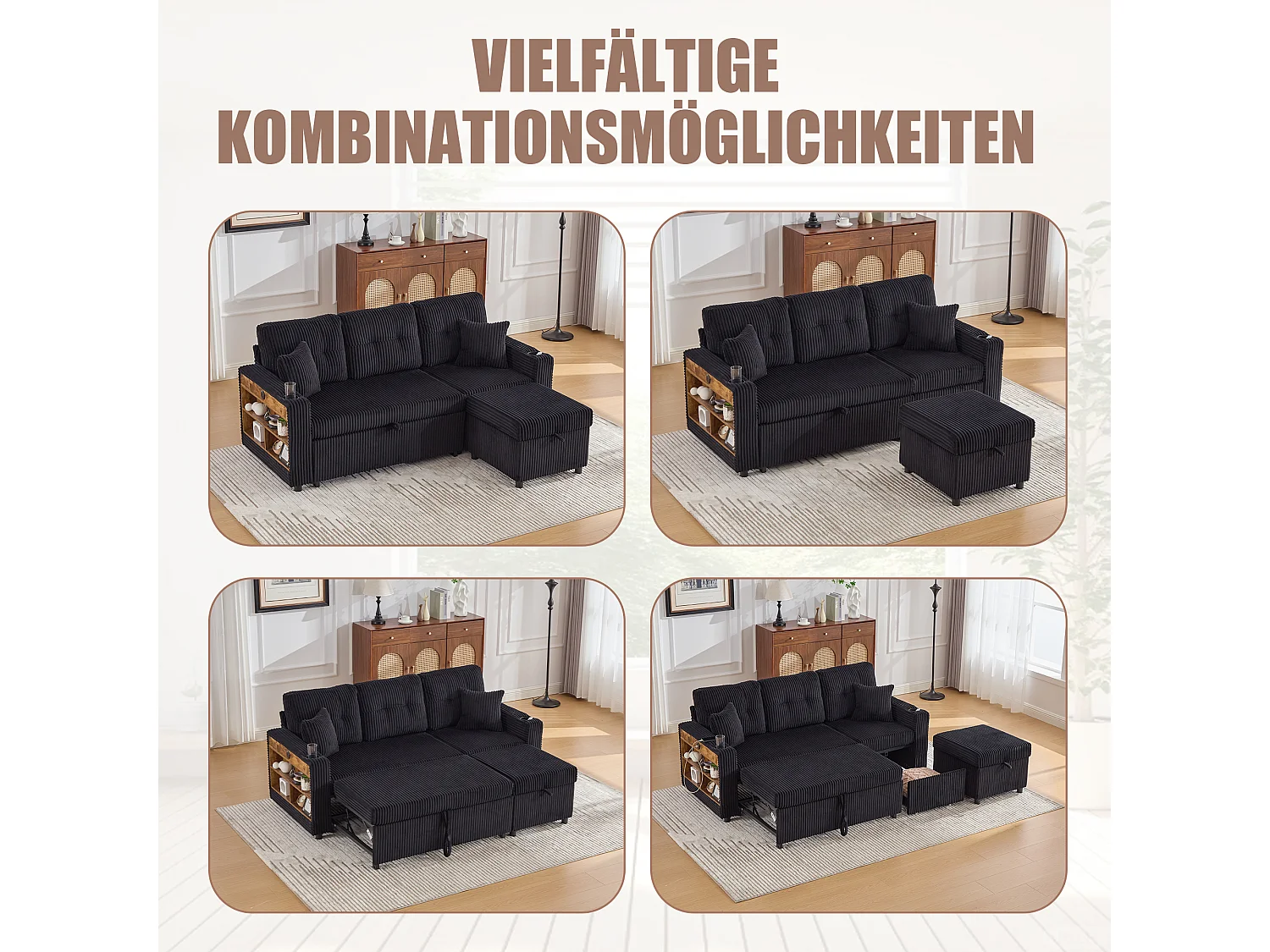 Allurex 2.0 - Canapé 3 Places Convertible - Canapé d’angle Modulable - Pouf Amovible et Rangements - USB et Type-C - Avec LED - Parfait Studio et Appartement