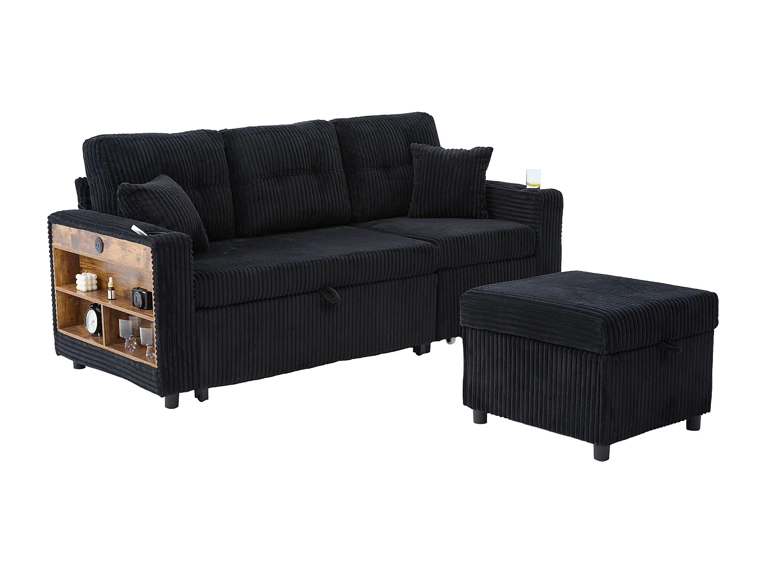 Allurex 2.0 - Canapé 3 Places Convertible - Canapé d’angle Modulable - Pouf Amovible et Rangements - USB et Type-C - Avec LED - Parfait Studio et Appartement