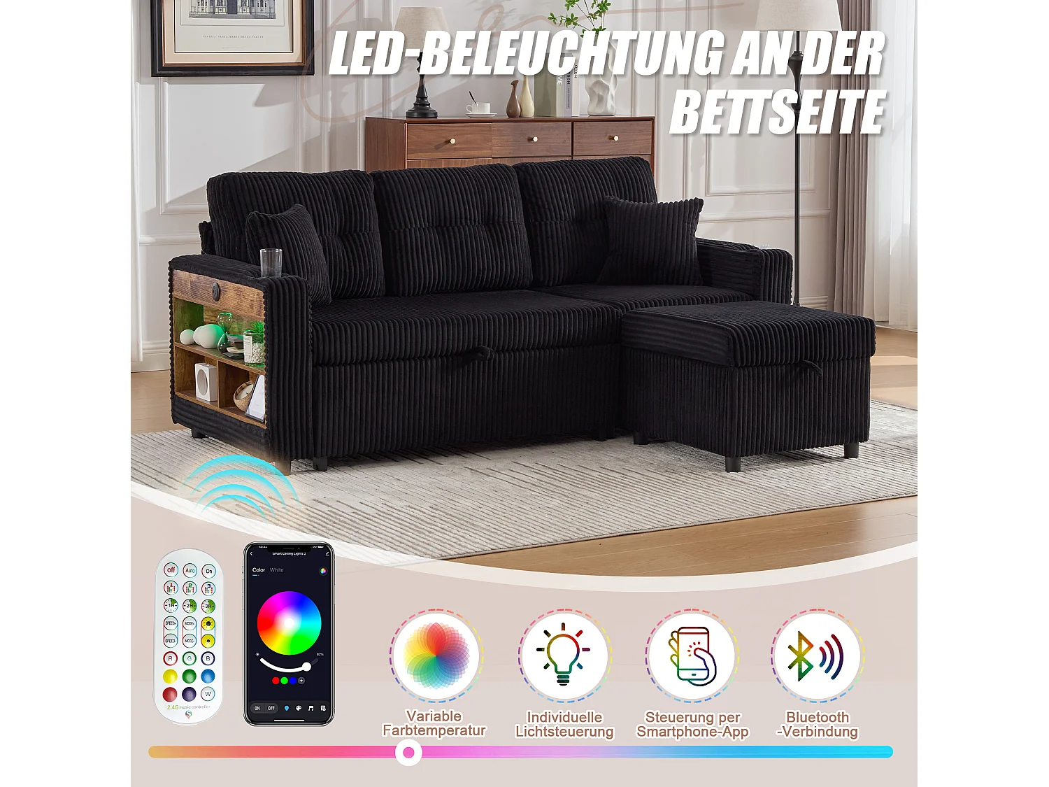 Allurex 2.0 - Canapé 3 Places Convertible - Canapé d’angle Modulable - Pouf Amovible et Rangements - USB et Type-C - Avec LED - Parfait Studio et Appartement