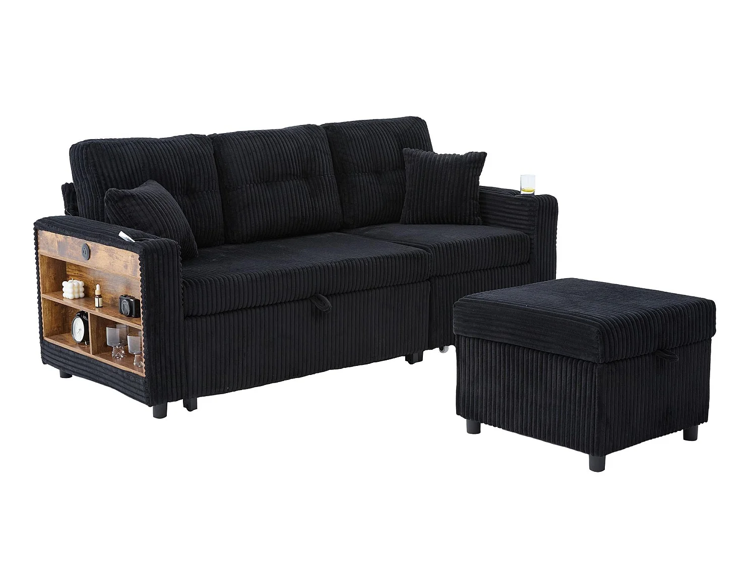 Allurex 2.0 - Canapé 3 Places Convertible - Canapé d’angle Modulable - Pouf Amovible et Rangements - USB et Type-C - Avec LED - Parfait Studio et Appartement