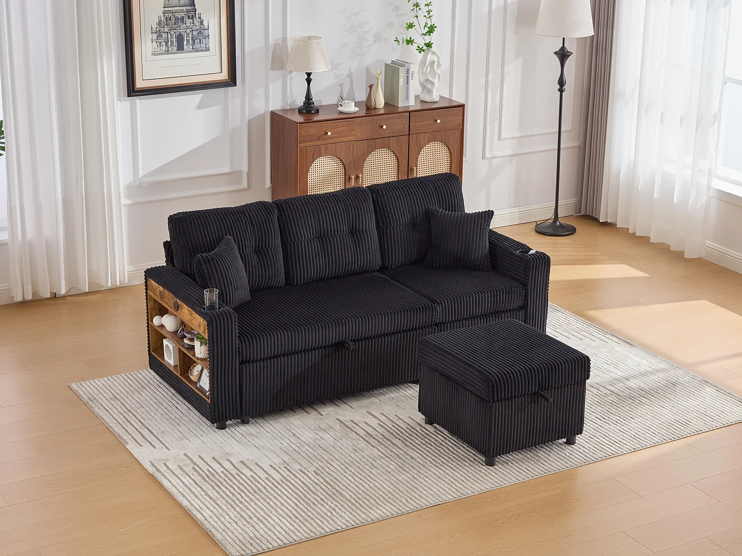 Allurex 2.0 - Canapé 3 Places Convertible - Canapé d’angle Modulable - Pouf Amovible et Rangements - USB et Type-C - Avec LED - Parfait Studio et Appartement