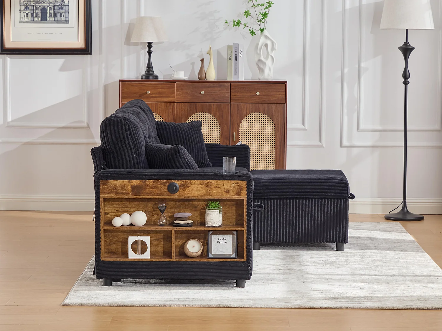 Allurex 2.0 - Canapé 3 Places Convertible - Canapé d’angle Modulable - Pouf Amovible et Rangements - USB et Type-C - Avec LED - Parfait Studio et Appartement